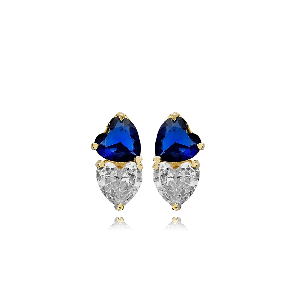 Heart Sapphire Cz Stone Silver Stud Earrings