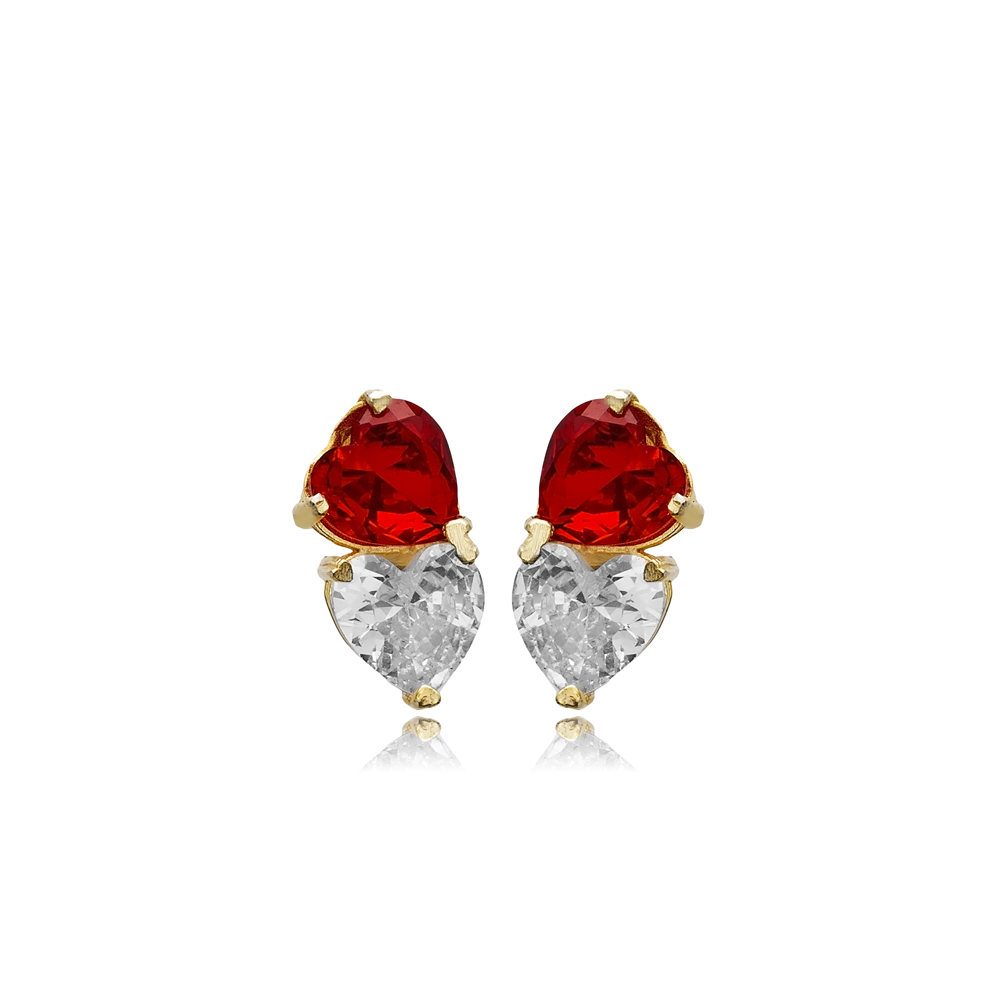 Garnet Cz Stone Heart Silver Stud Earrings