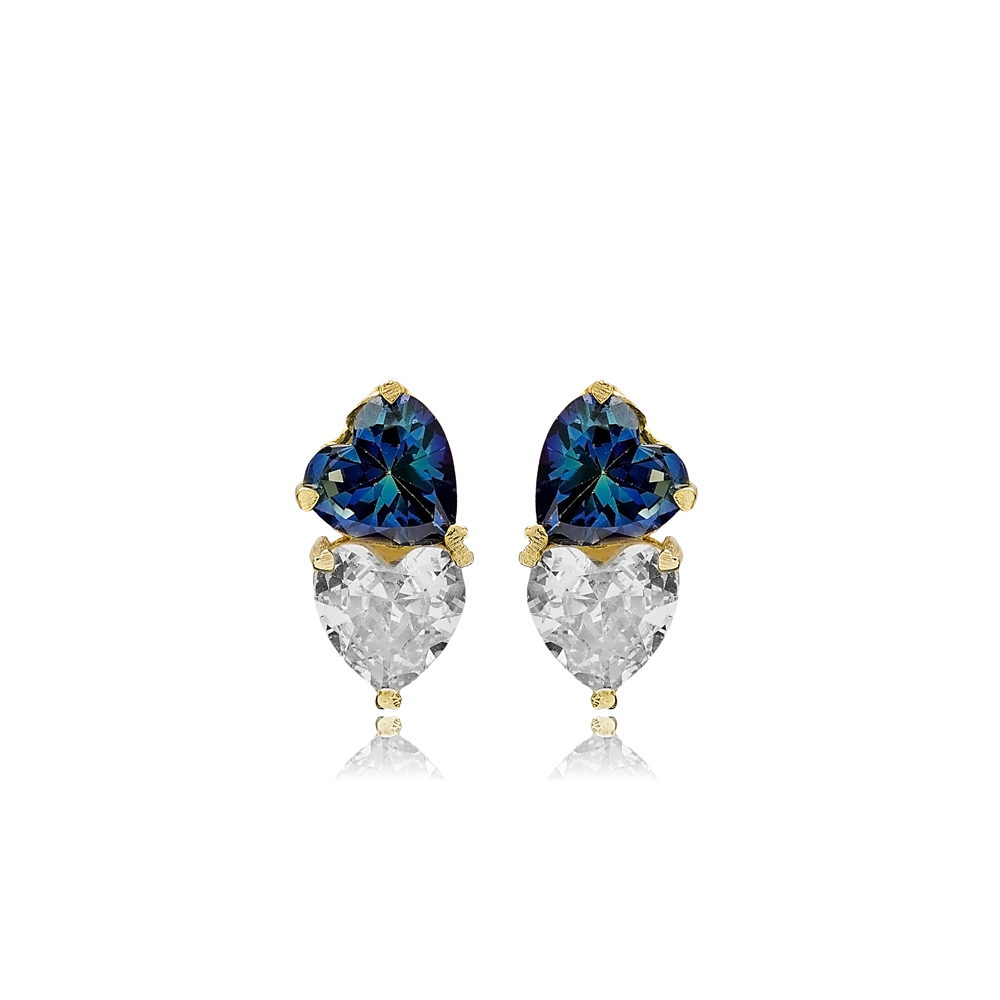 Heart Blue Topaz CZ Stone Silver Stud Earrings