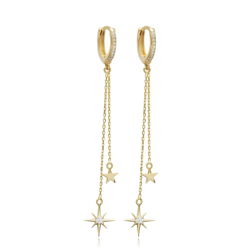 Star Charms Silver Chain Long Earrings