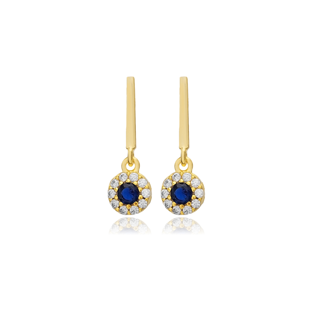 Sapphire CZ Round Bar Silver Stud Earrings