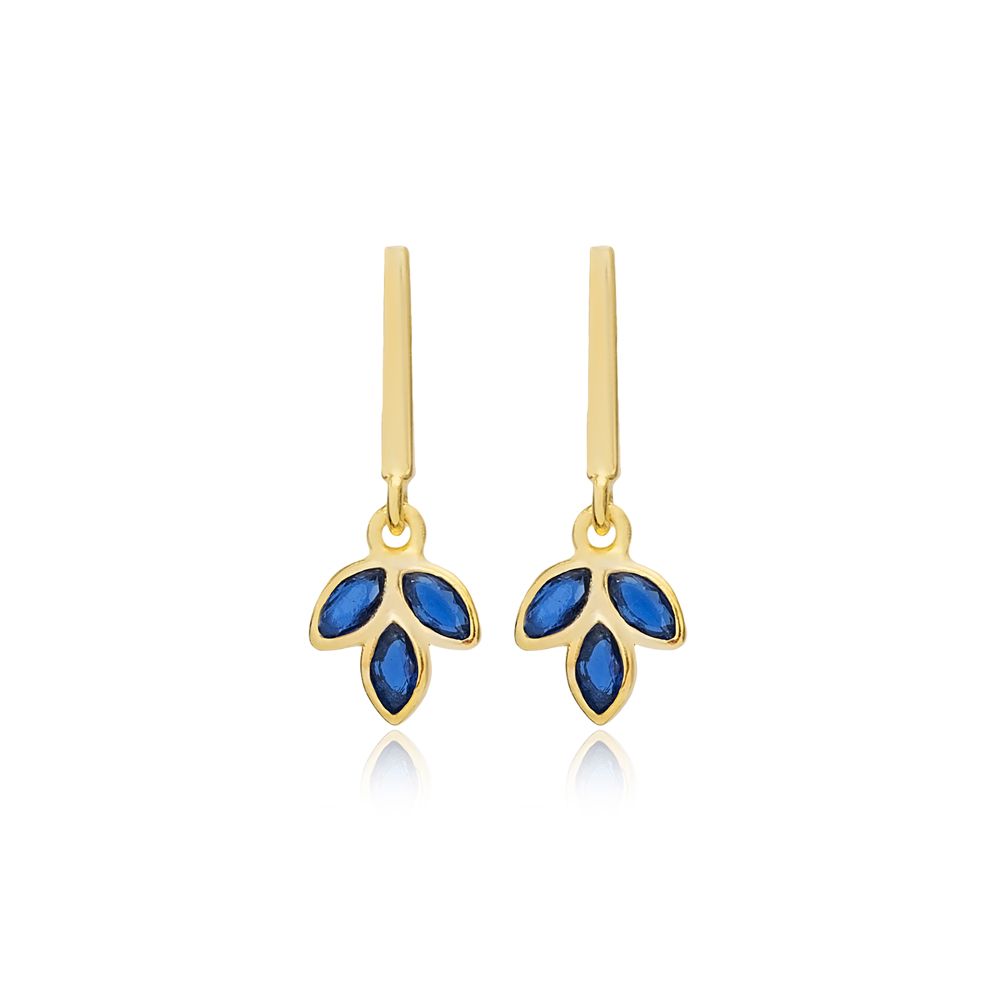 Sapphire Cz Flower Bar Silver Stud Earrings