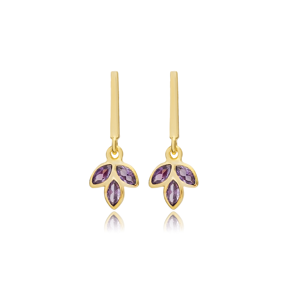 Amethyst Cz Flower Bar Silver Stud Earrings