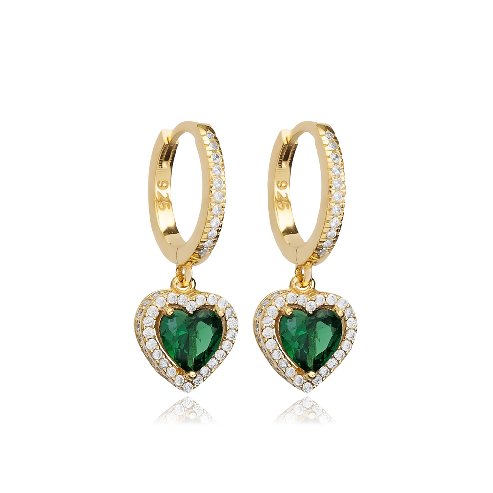 Heart Design Emerald CZ Stone Dangle Earrings