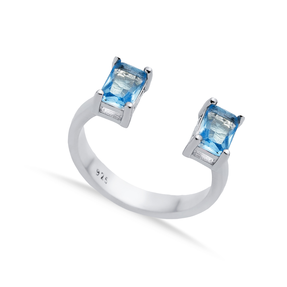 Aquamarine CZ Rectangle Silver Adjustable Ring