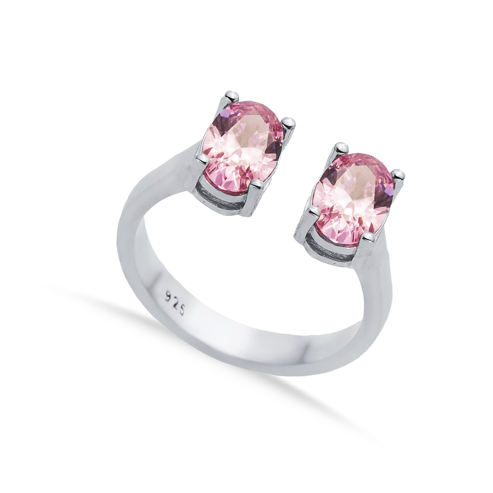 Pink CZ Oval Silver Adjustable Ring