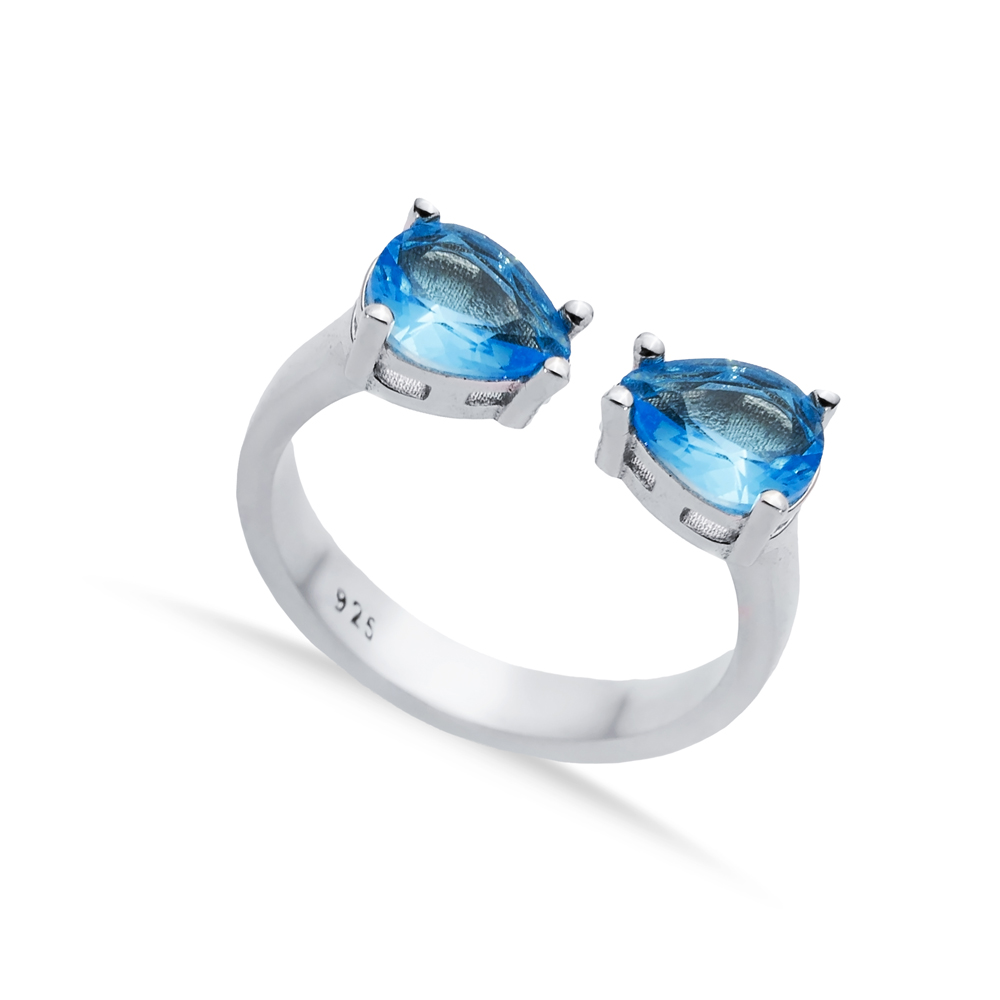 Aquamarine CZ Pear Silver Adjustable Ring