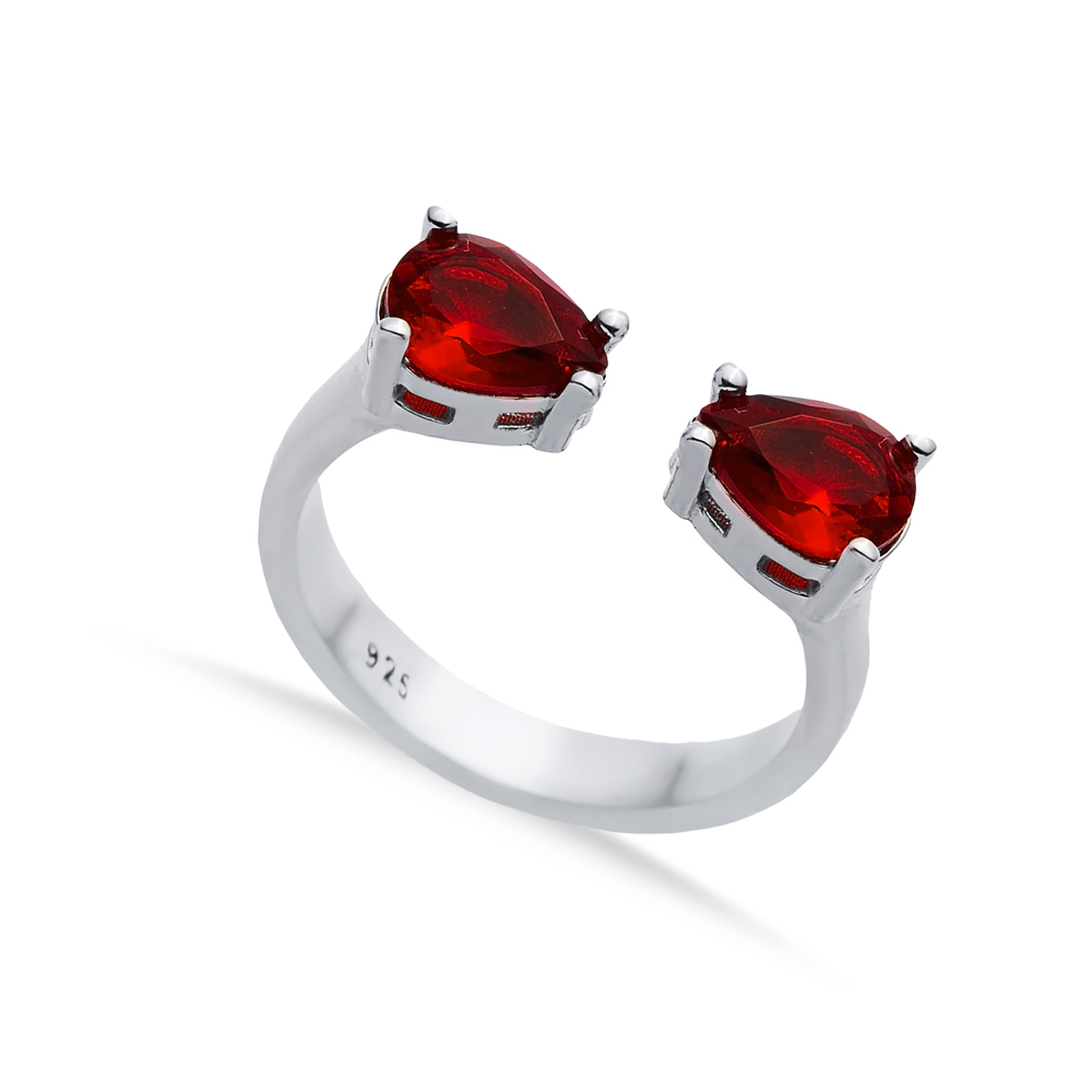 Garnet CZ Pear Silver Adjustable Ring