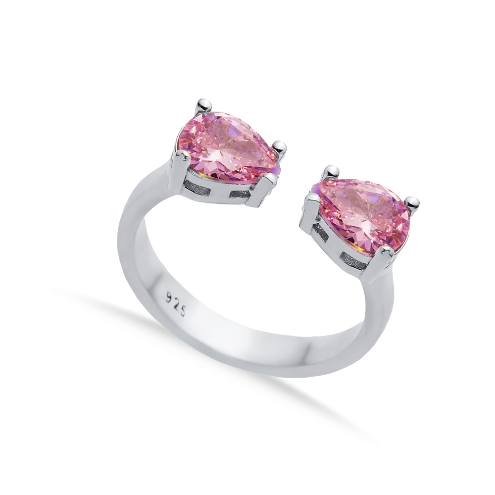 Pink CZ Pear Silver Adjustable Ring