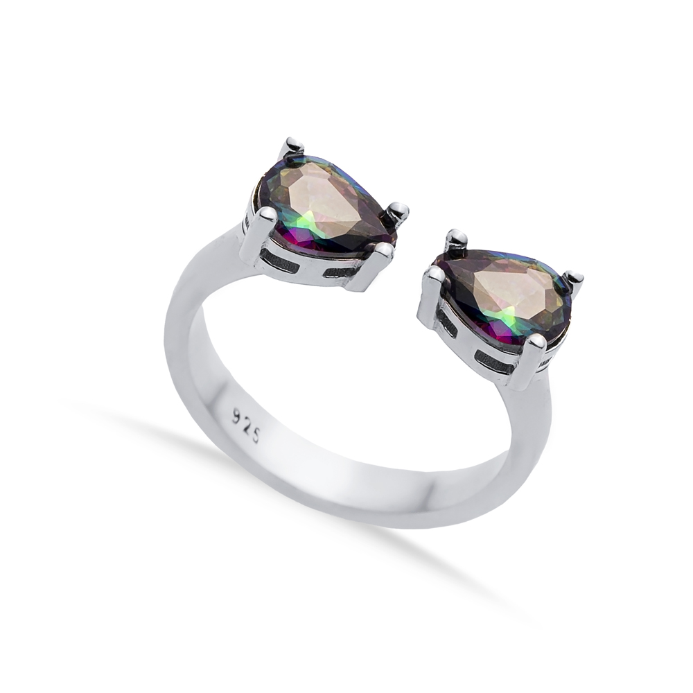 Mystic Topaz Pear Silver Adjustable Ring
