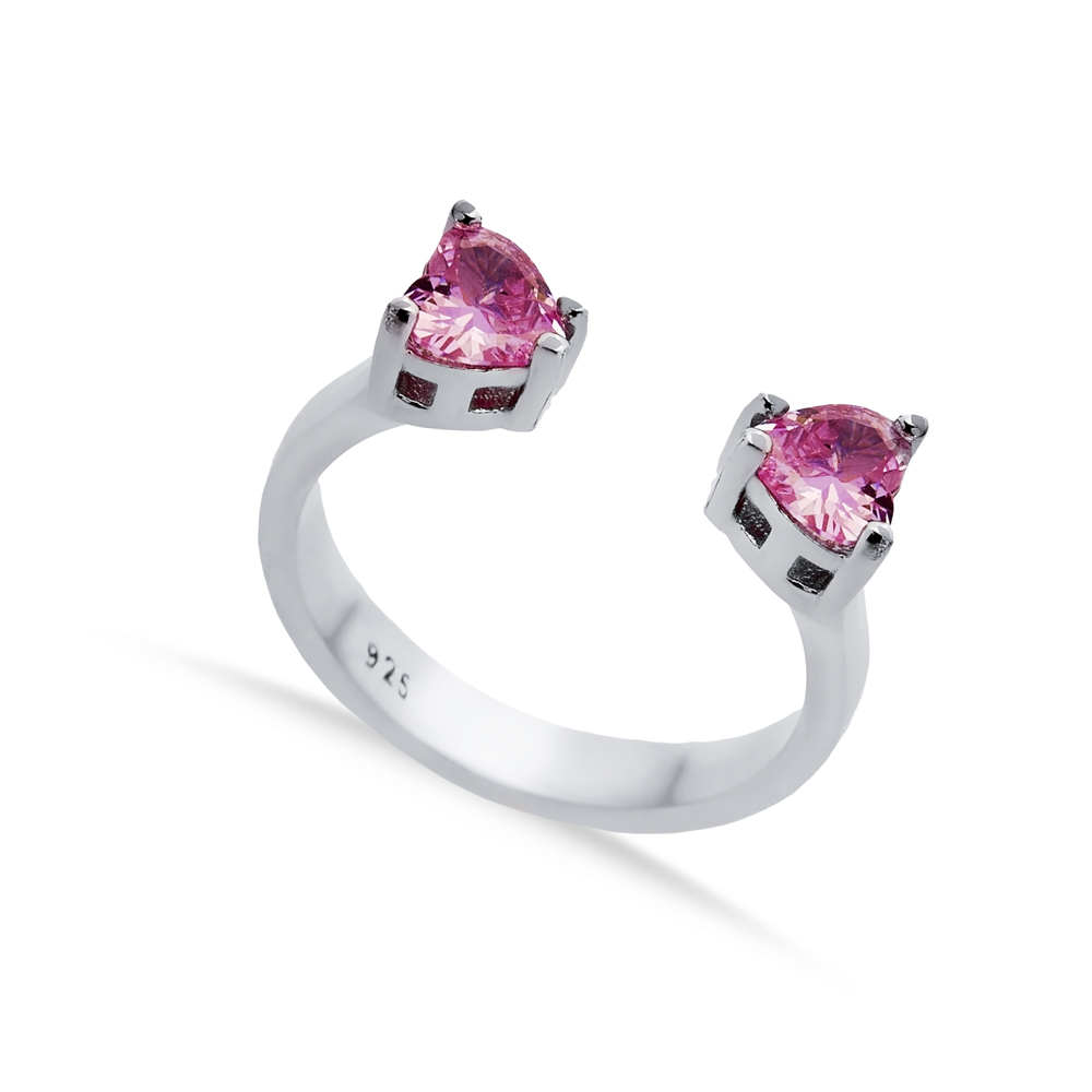 Pink CZ Heart Silver Adjustable Ring