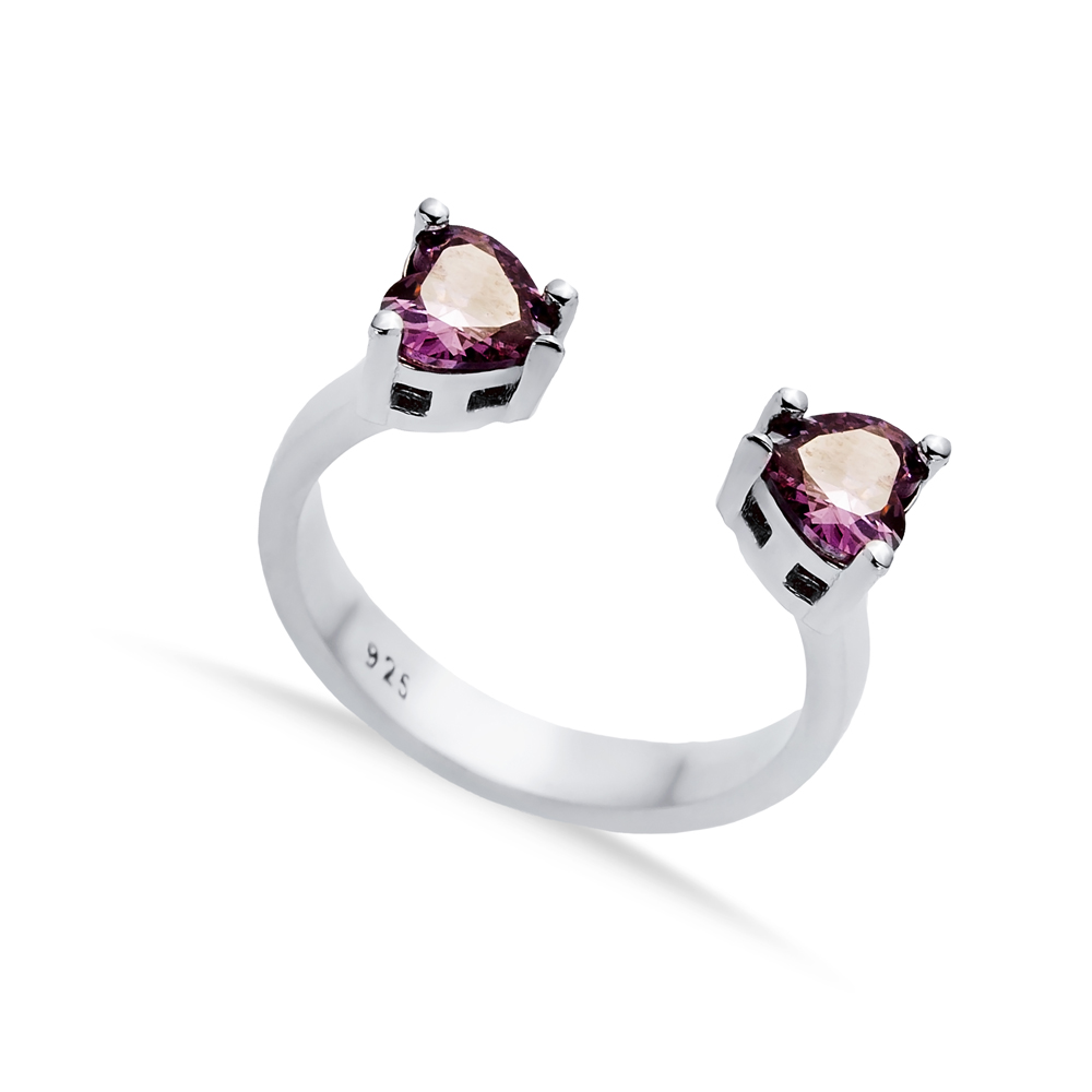 Amethyst CZ Heart Silver Adjustable Ring