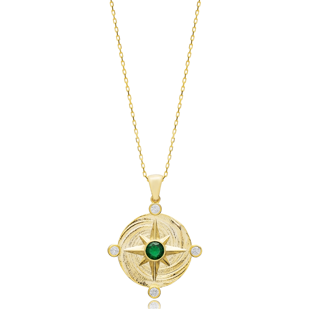 Dainty Compass Emerald CZ Charm Necklace
