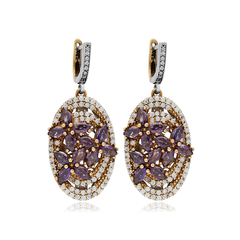 Amethyst CZ Oval Authentic Turkish Dangle Earrings