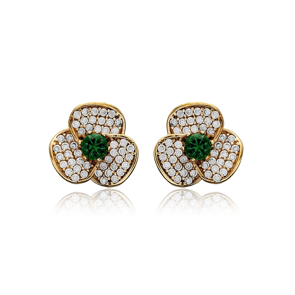 Emerald CZ Flower Authentic Earrings