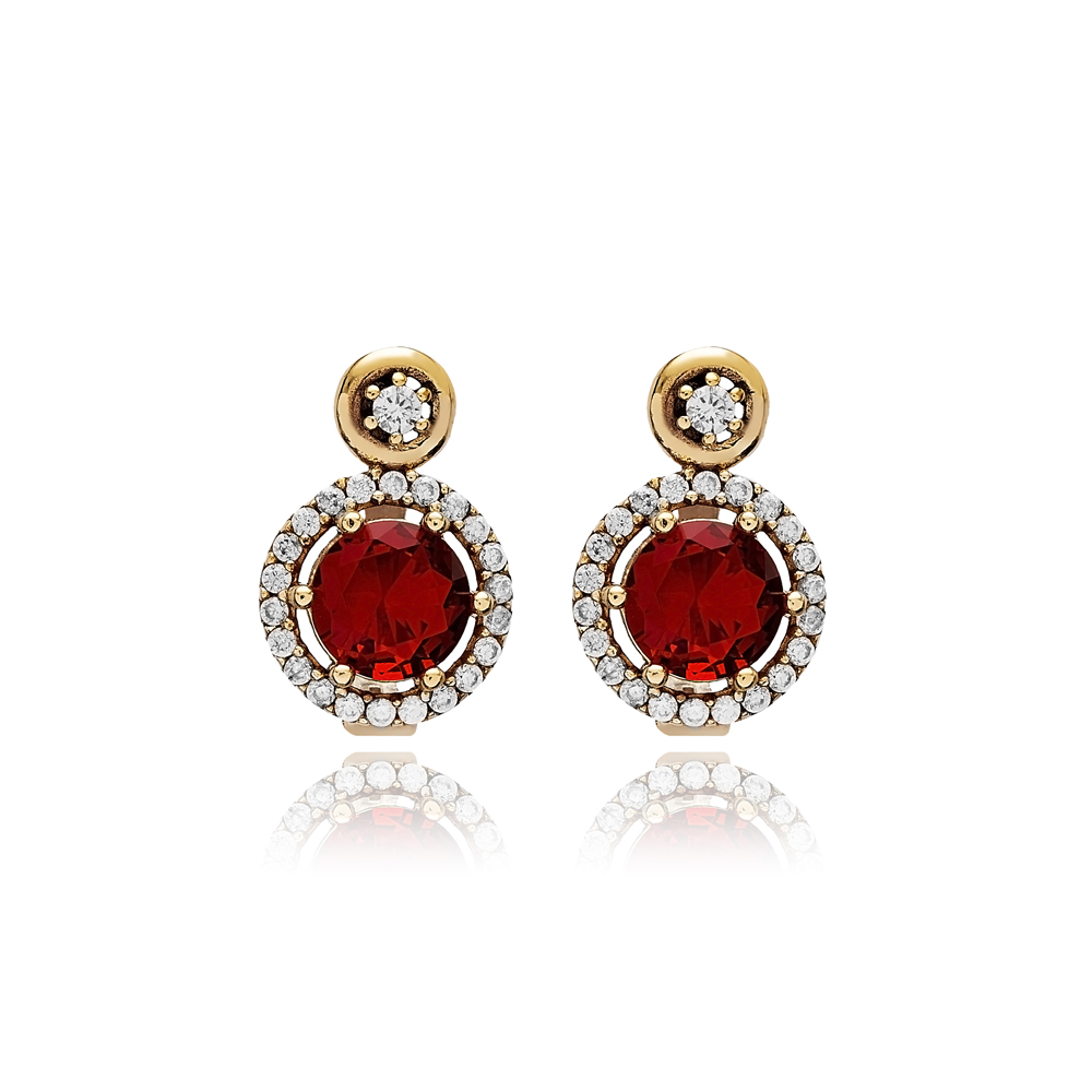 Garnet Cz Round Shape Authentic Earrings