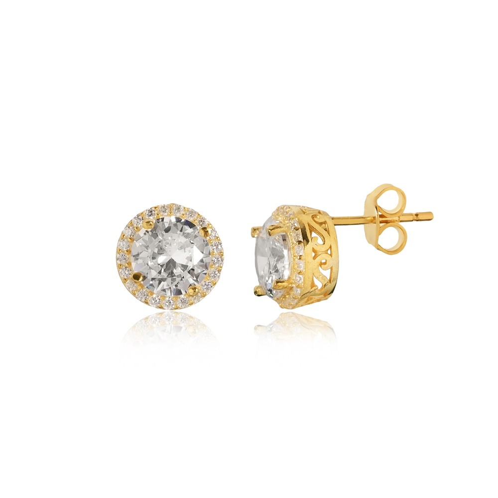 Round Design White CZ Stone Stud Earring
