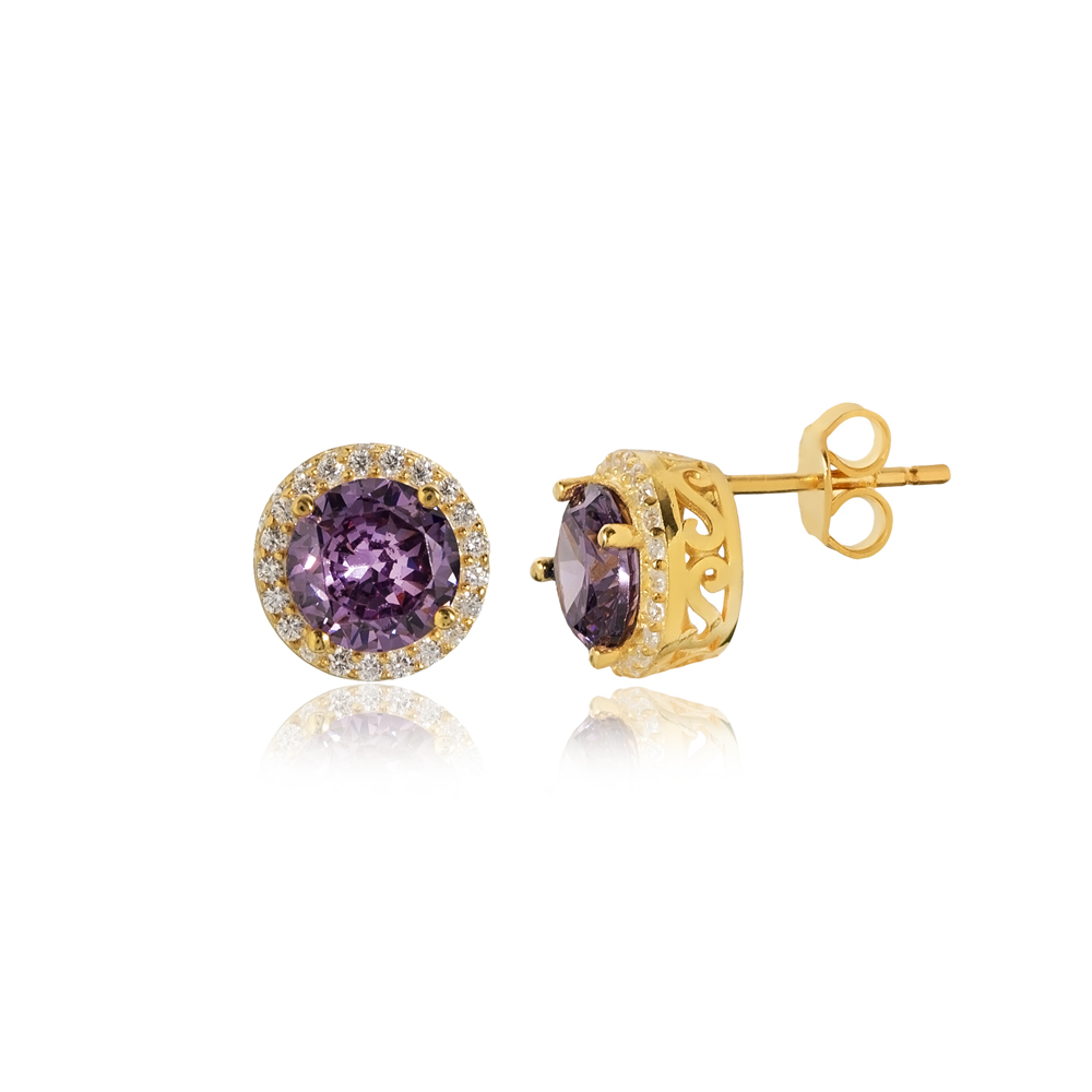 Round Design Amethyst CZ Stone Stud Earring