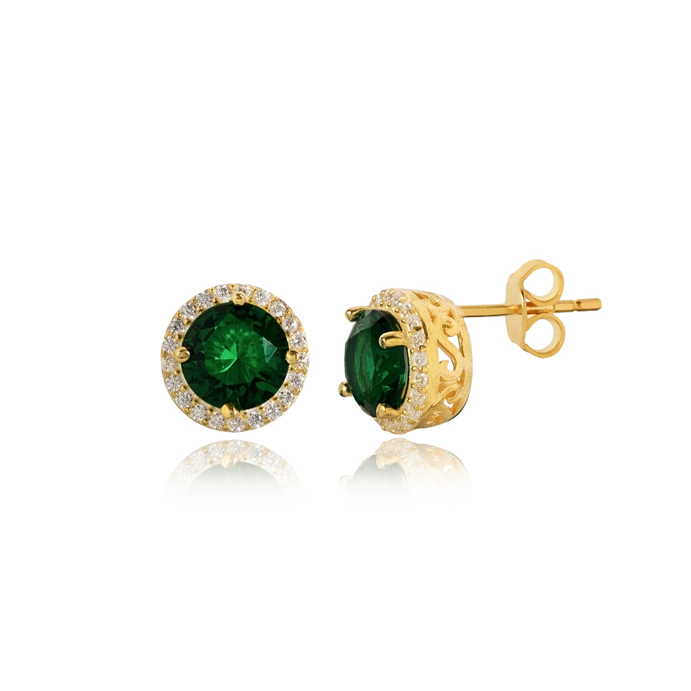 Round Design Emerald CZ Stone Stud Earring