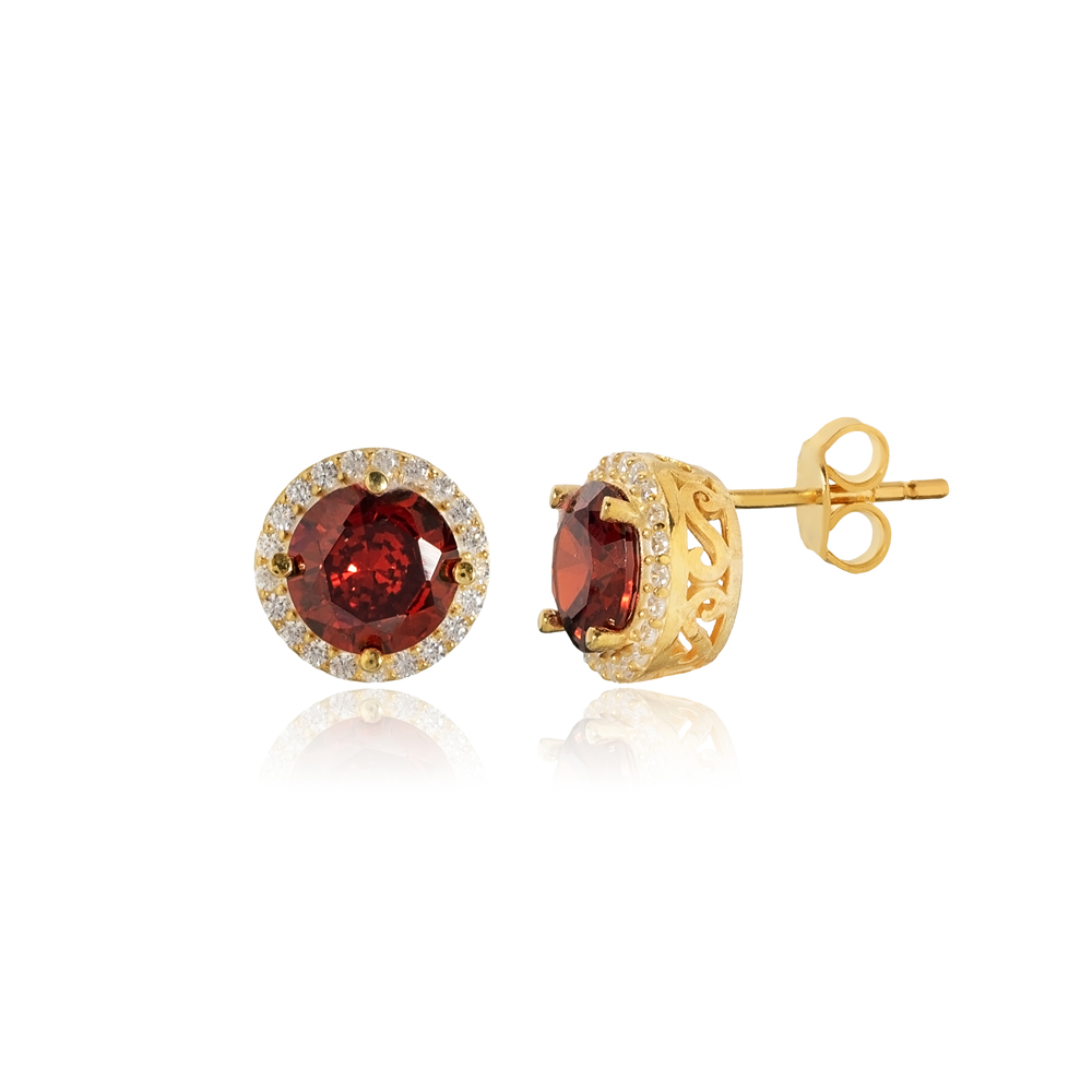 Round Design Garnet CZ Stone Stud Earring