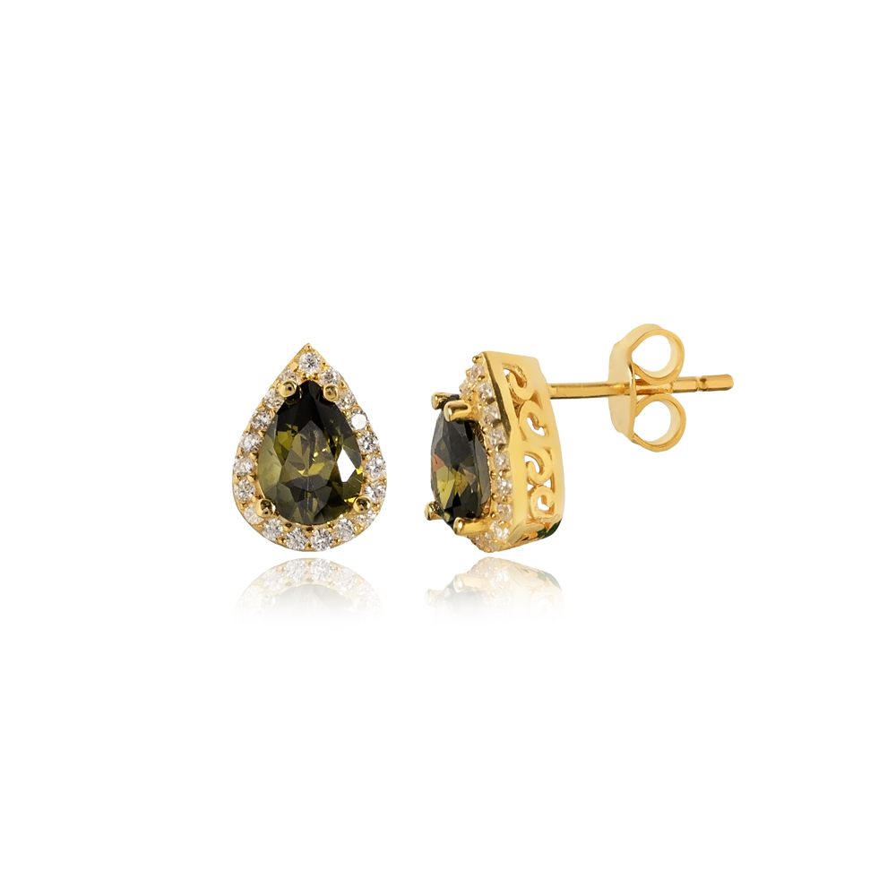 Pear Design Peridot CZ Stone  Stud Earring