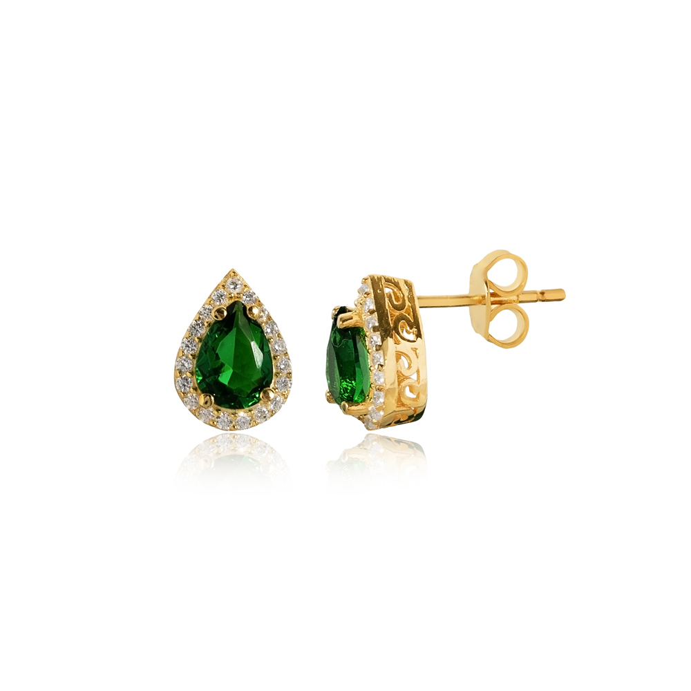 Pear Design Emerald CZ Stone  Stud Earring