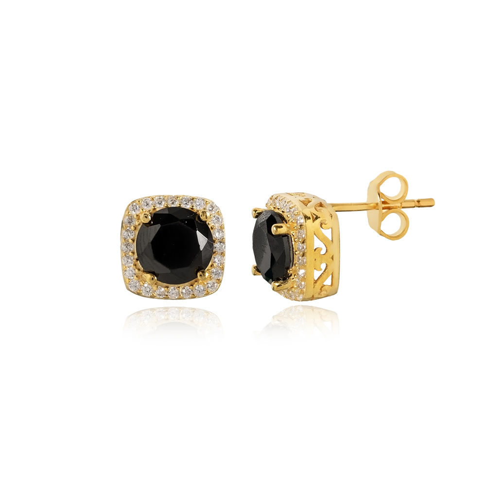 Square Shape Round Black CZ Stud Earring
