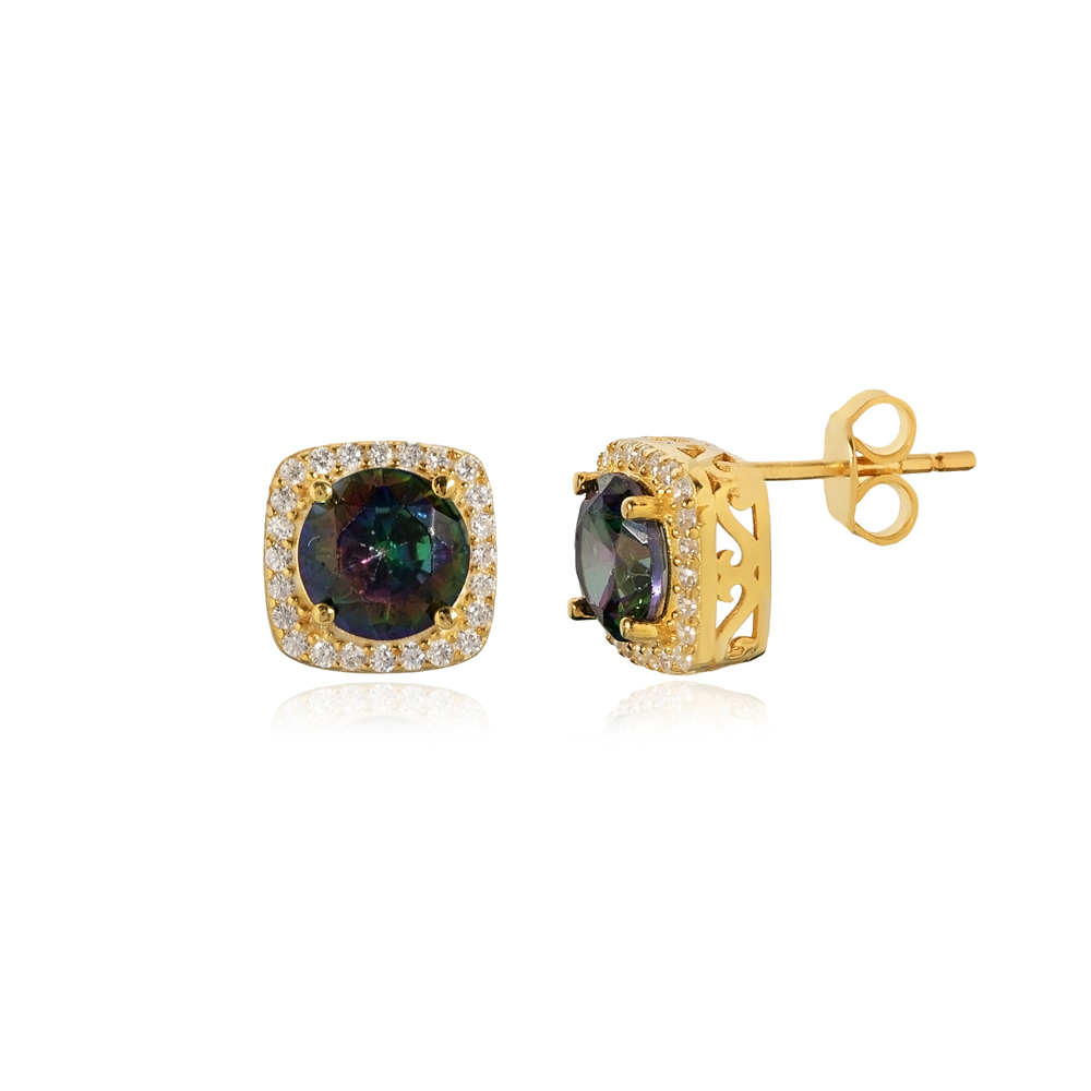 Square Shape Round Mystic Topaz Stud Earring