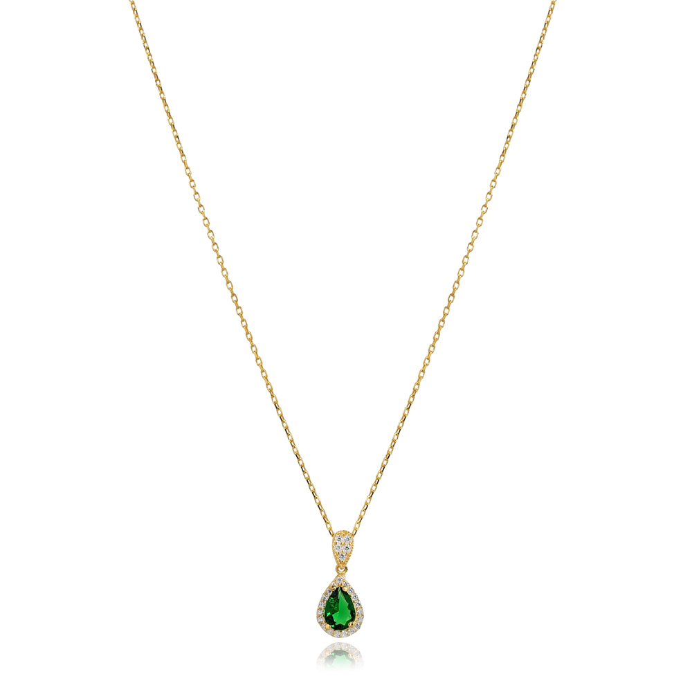 Pear Design Emerald Stone Charm Necklace