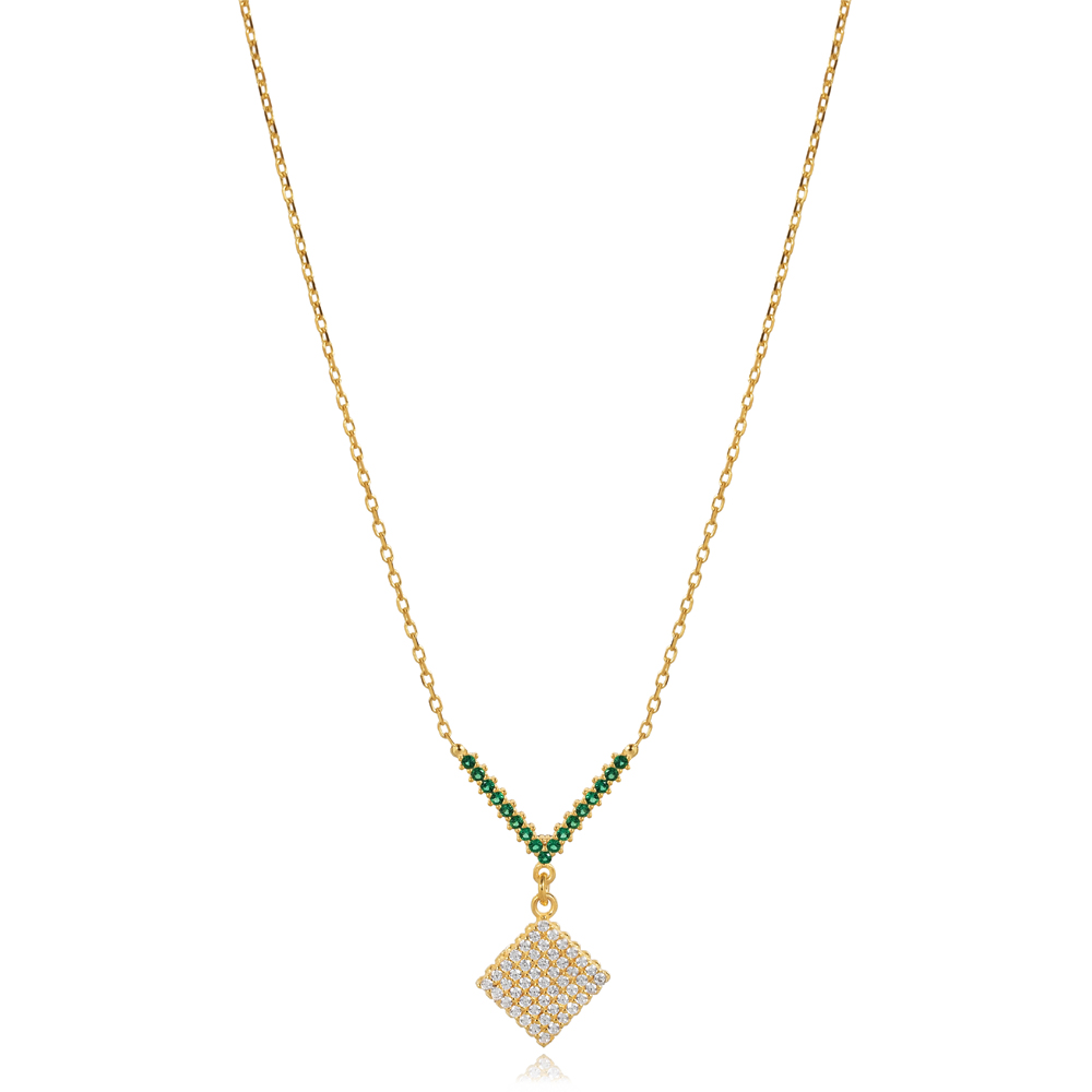 Square Design Emerald CZ Stone Charm Necklace