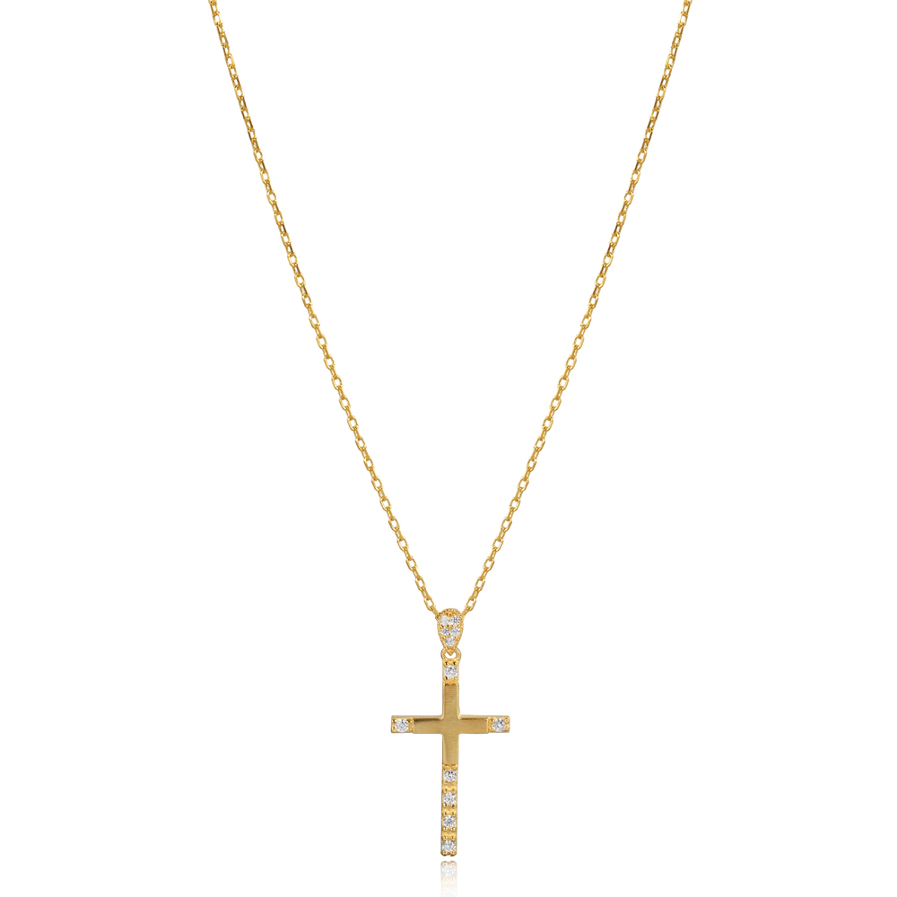 Plain Cross Design CZ Stone Charm Necklace