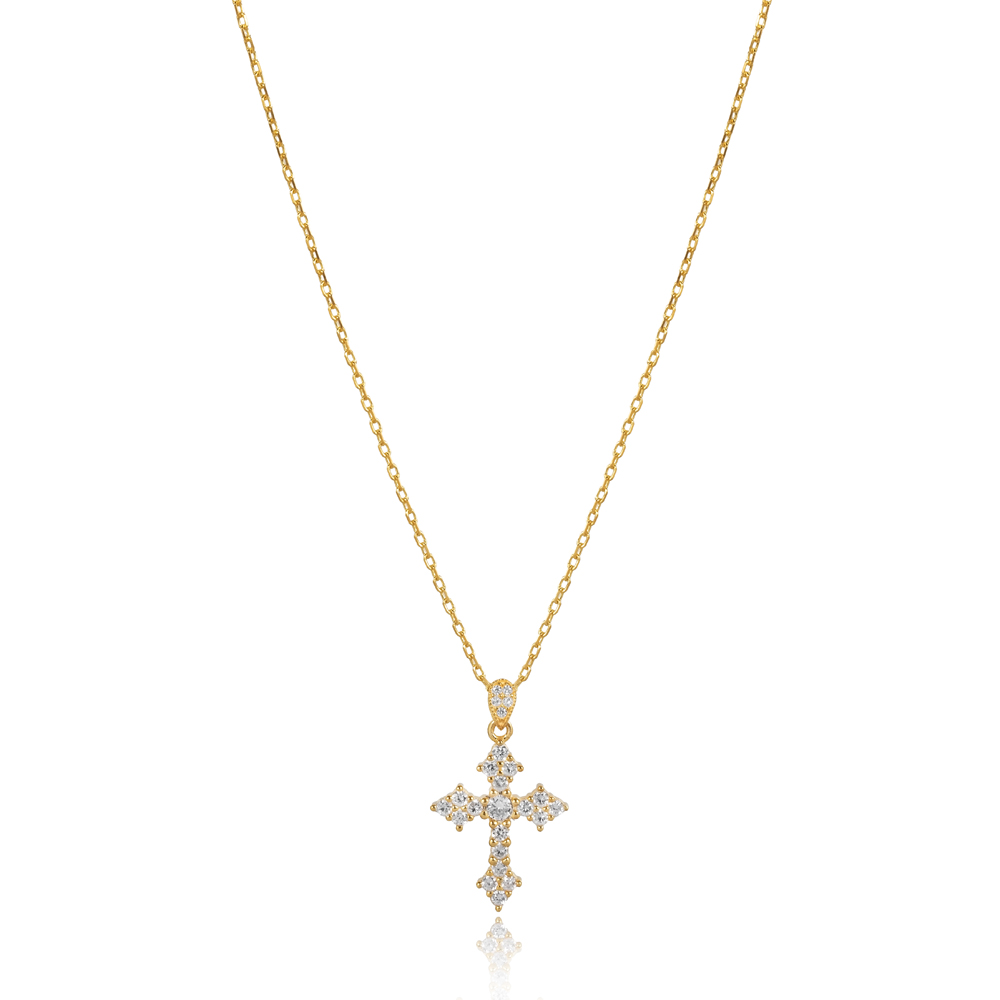 Angular Cross Design CZ Stone Charm Necklace