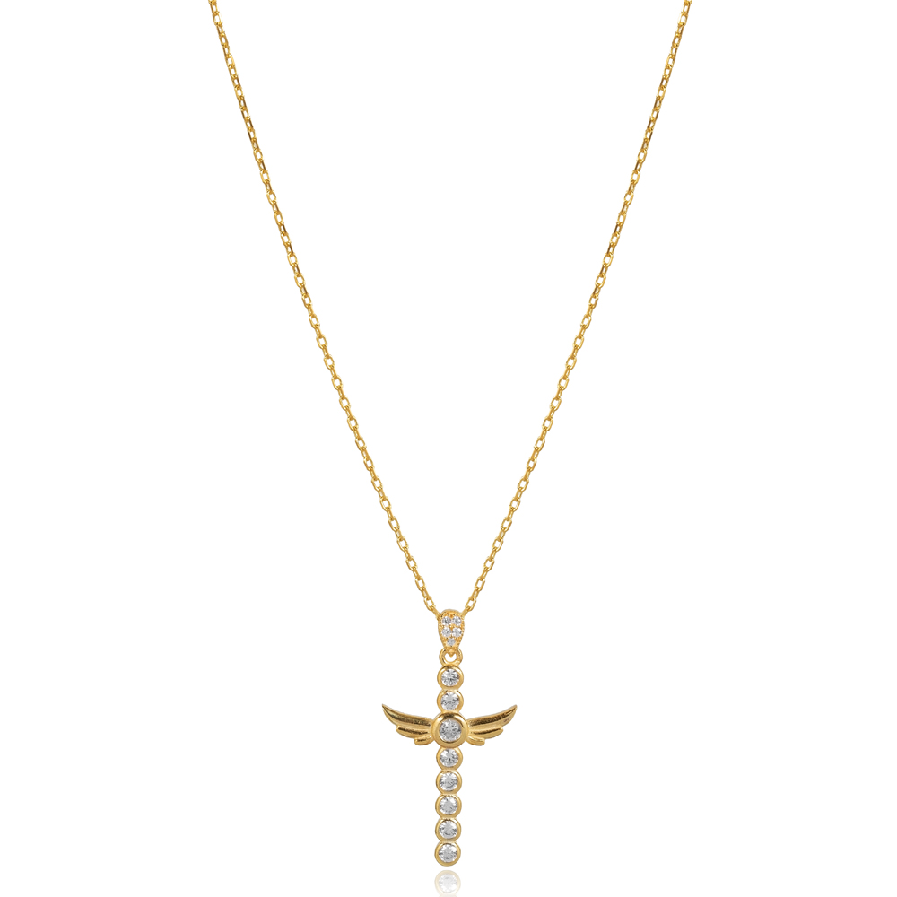 Winged Cross Design CZ Stone Charm Necklace