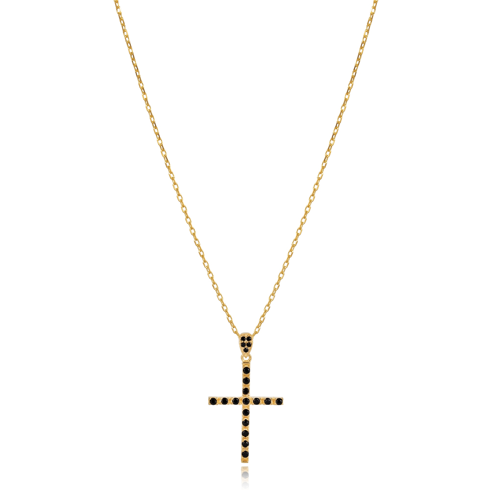 Black CZ Stone Cross Design Charm Necklace