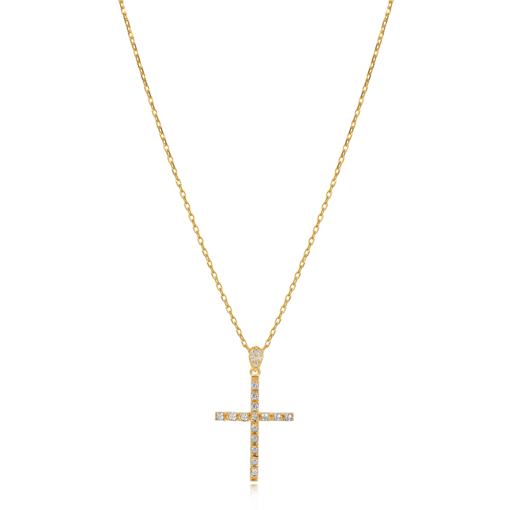 Classic Cross Design CZ Stone Charm Necklace