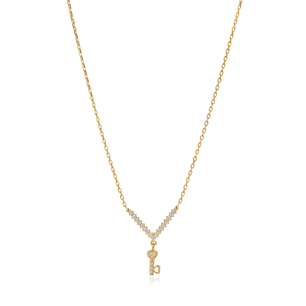 Heart Key Shape CZ Stone Charm Necklace