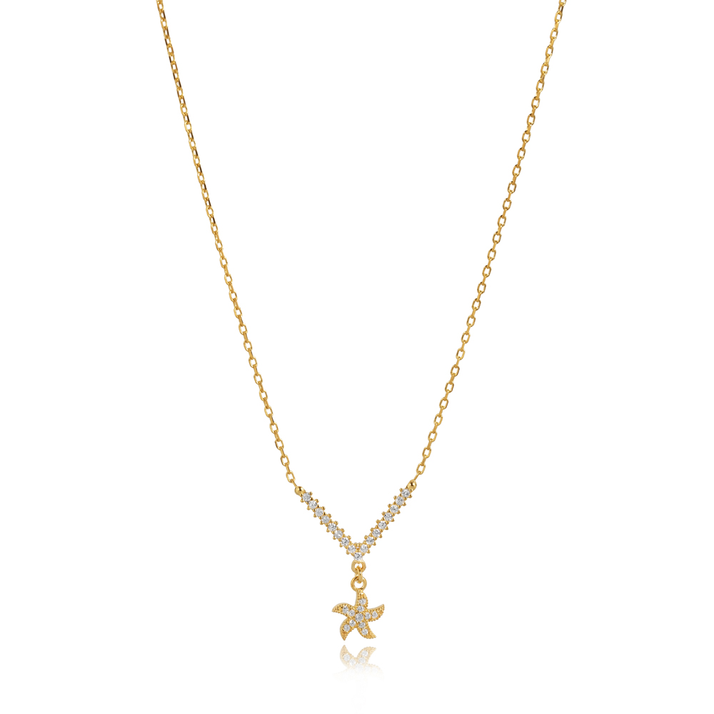 Starfish Shape CZ Stone Charm Necklace