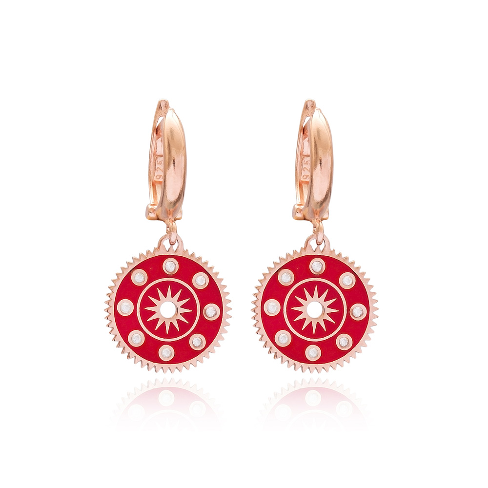 Enamel Round Shape Earrings Turkish Wholesale Handmade 925 Sterling Silver Jewelry