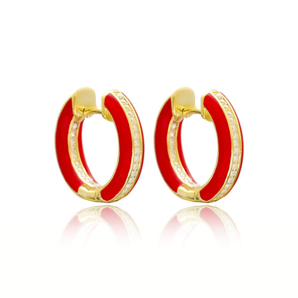 Red Enamel Zircon Stone Hoop Earrings Turkish Wholesale 925 Sterling Silver Jewelry