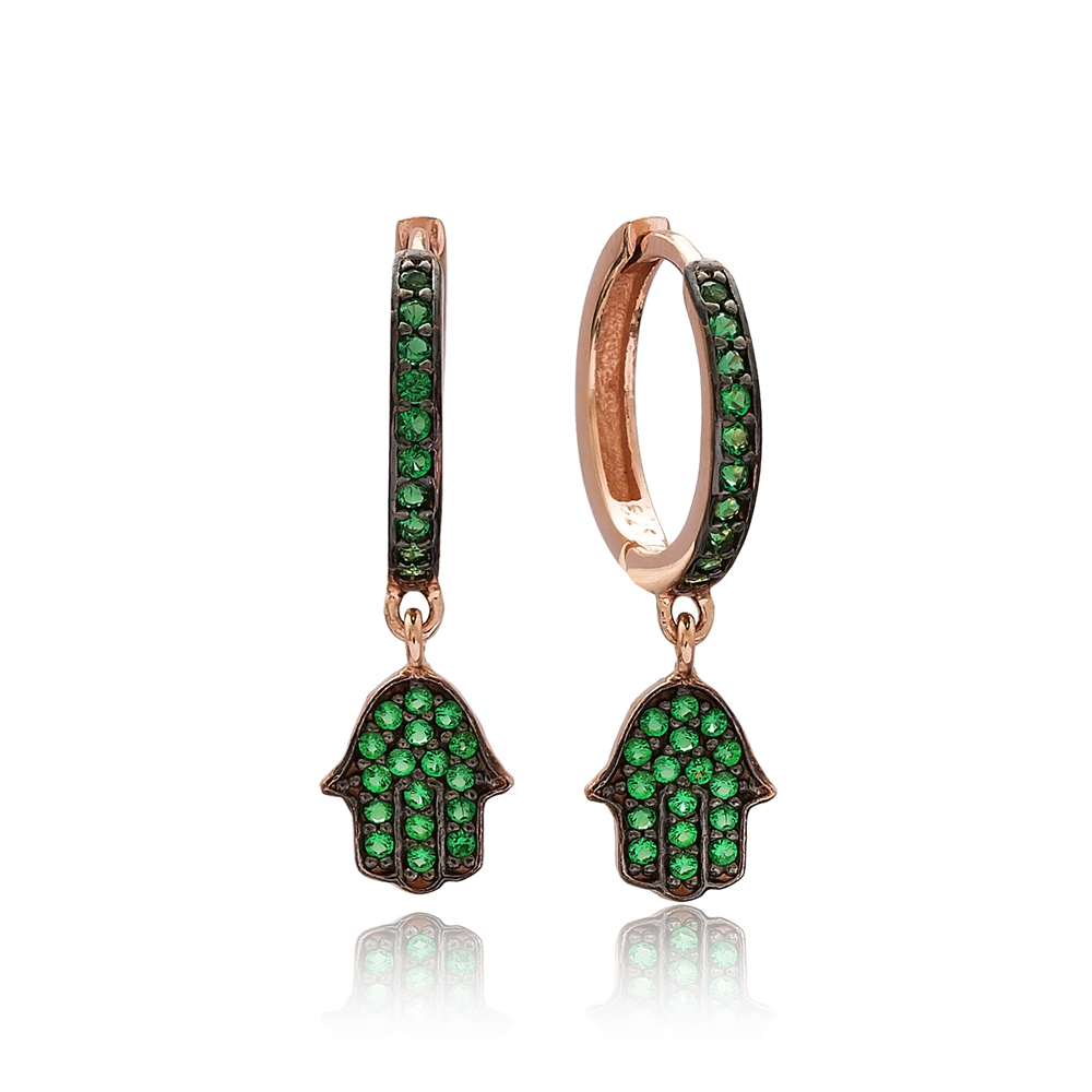Emerald Hamsa Earrings Wholesale 925 Sterling Silver Jewelry