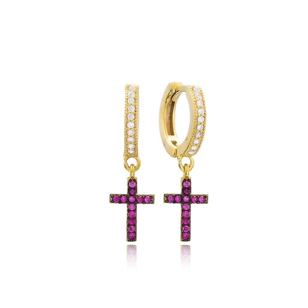 Ruby Stone Cross Design Turkish Wholesale Handmade 925 Sterling Silver Earrings