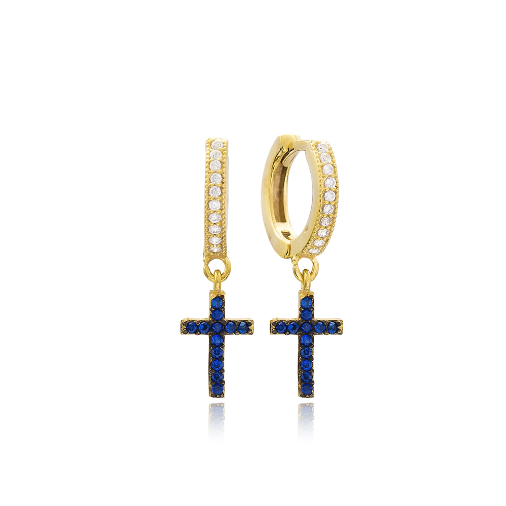 Sapphire Stone Cross Design Turkish Wholesale Handmade 925 Sterling Silver Earrings