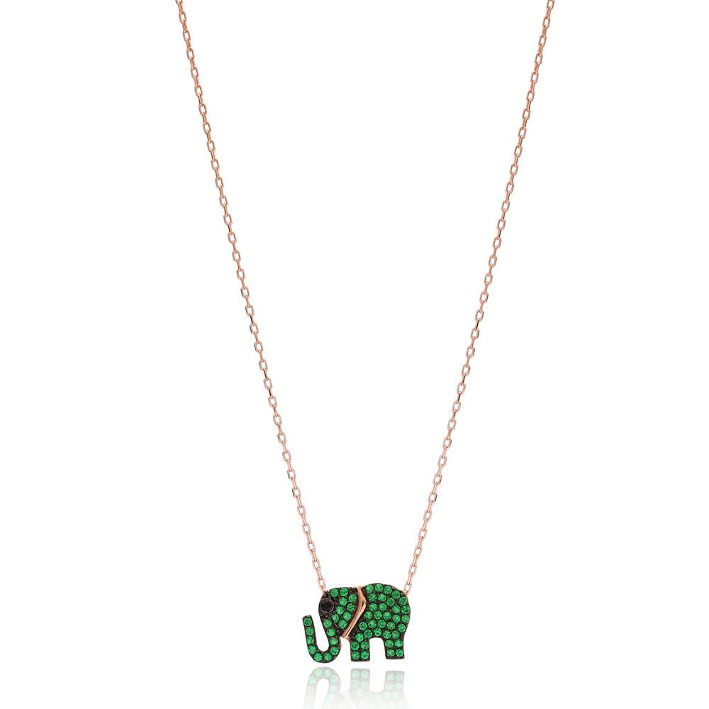 Emerald Stone Elephant Pendant Turkish Wholesale Sterling Silver Jewelry