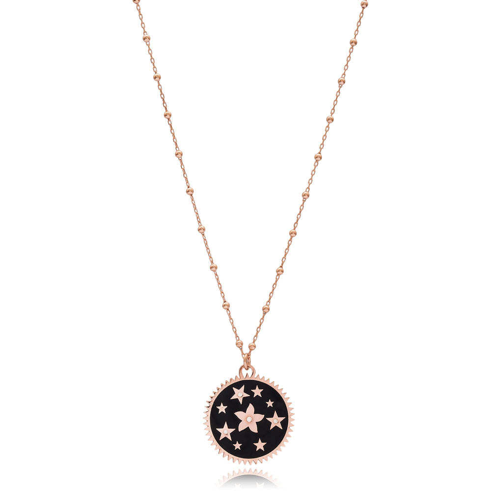 Rounded Star Design Black Enamel Necklace Turkish Wholesale 925 Sterling Silver Jewelry