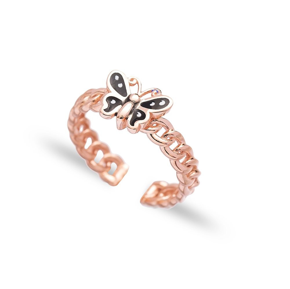 Black Enamel Butterfly Design Adjustable Ring Wholesale 925 Silver Sterling Jewelry