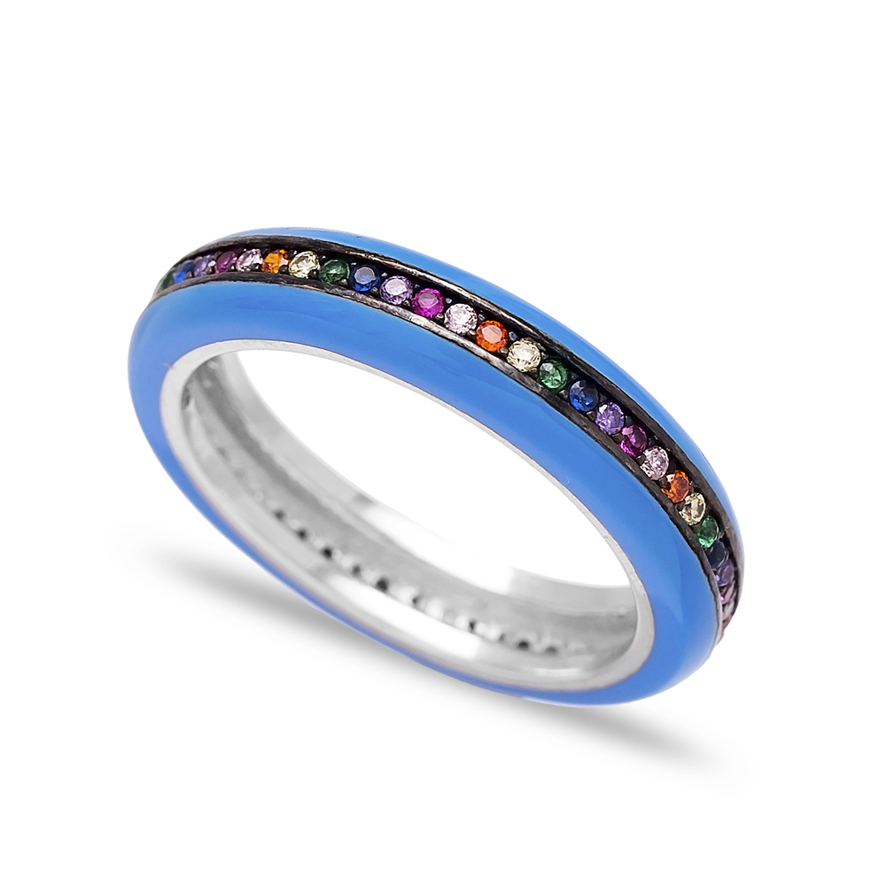 Mix Stone Blue Enamel Band Ring Wholesale 925 Sterling Silver Jewelry