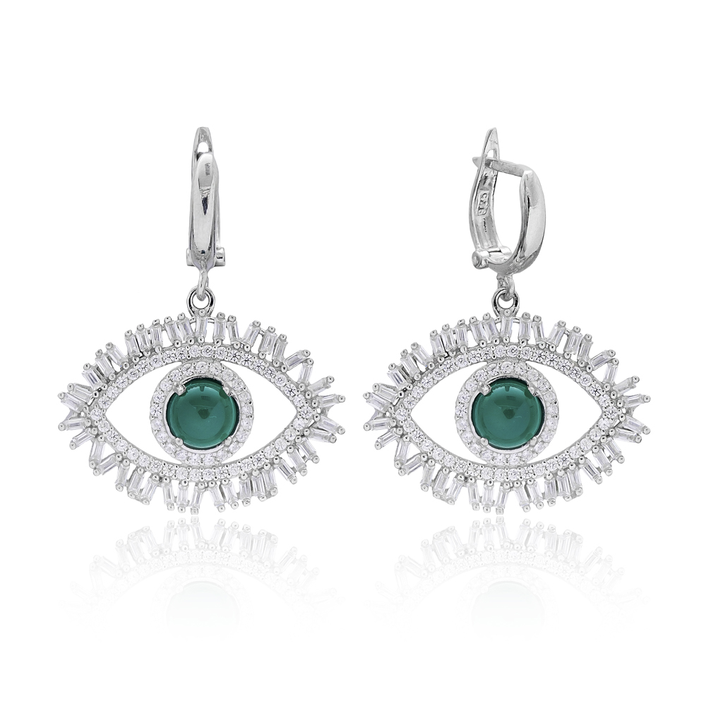 Evil Eye Baguette Zircon Handmade Sterling Silver  Wholesale Handcrafted Dangle Earring