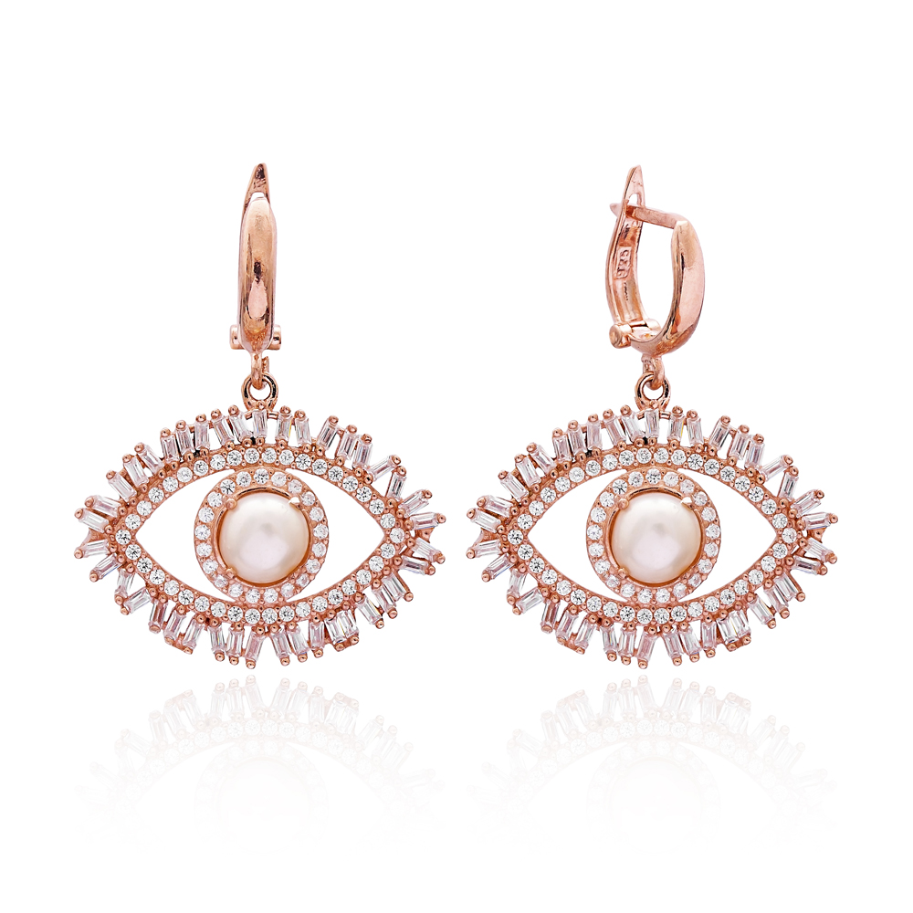 Evil Eye Baguette Zircon Handmade Sterling Silver  Wholesale Handcrafted Dangle Earring