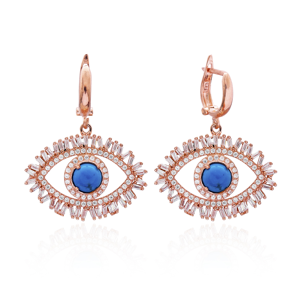 Evil Eye Baguette Zircon Handmade Sterling Silver  Wholesale Handcrafted Dangle Earring