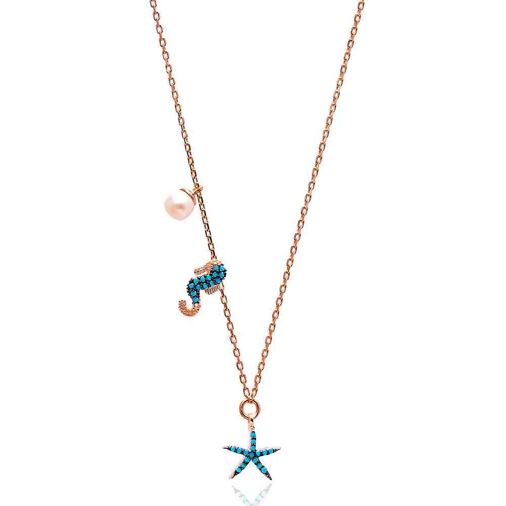 Nano Turquoise Minimalist Turkish Wholesale Silver SeaHorse With Starfish Pendant